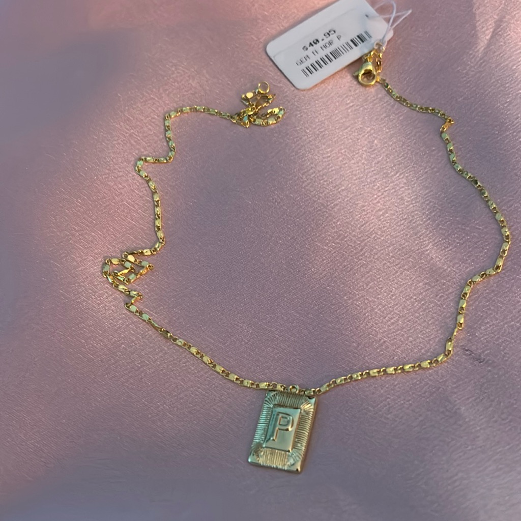 Gold Filled Necklace With “P” Rectangular Charm In Middle.